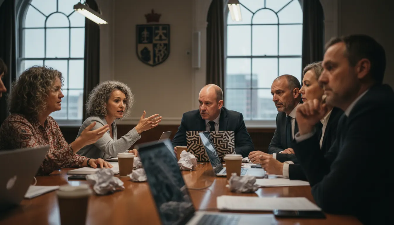 Local council meeting during political crisis