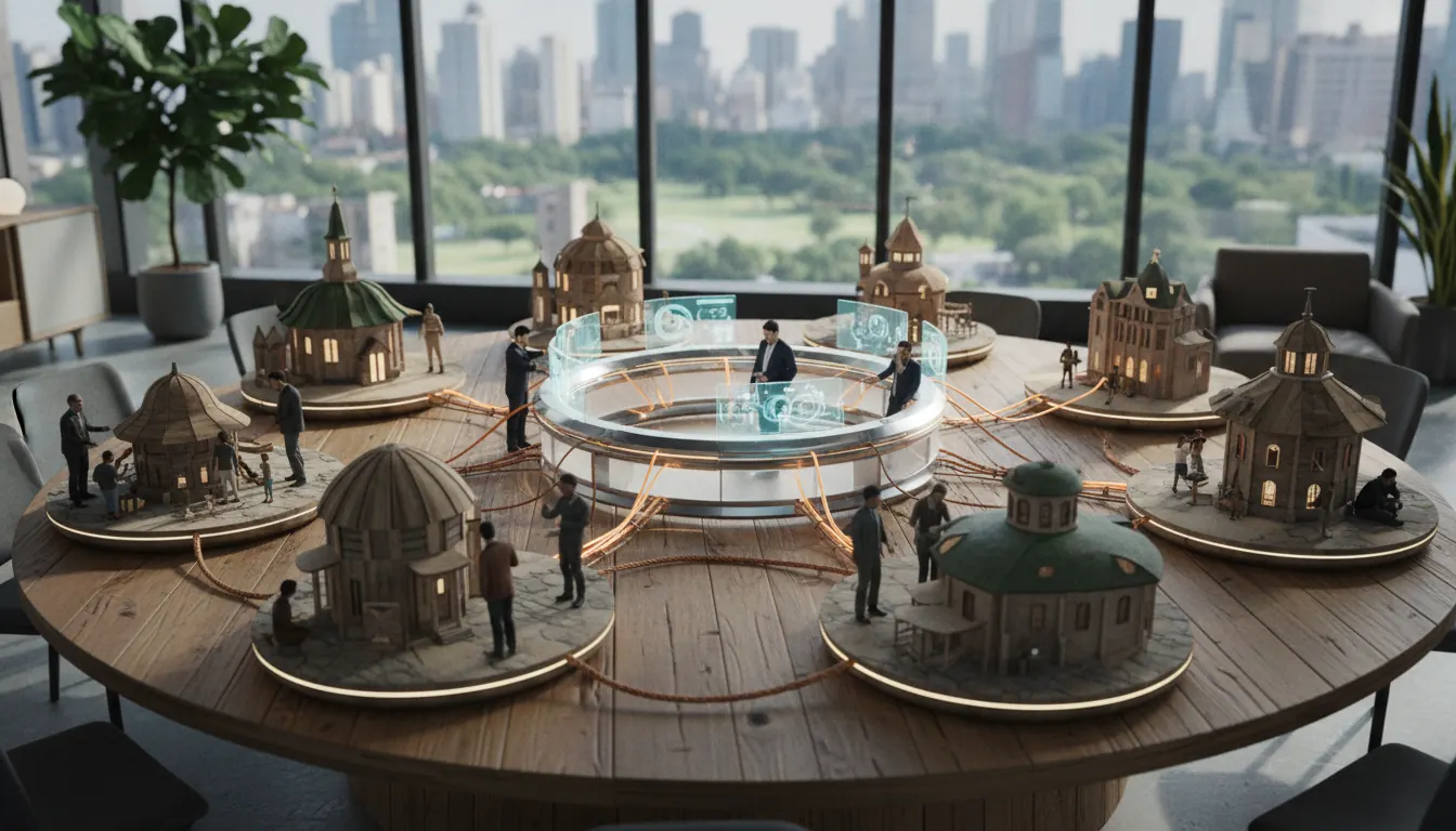 Diagram showing interconnected local councils maintaining autonomy while coordinating