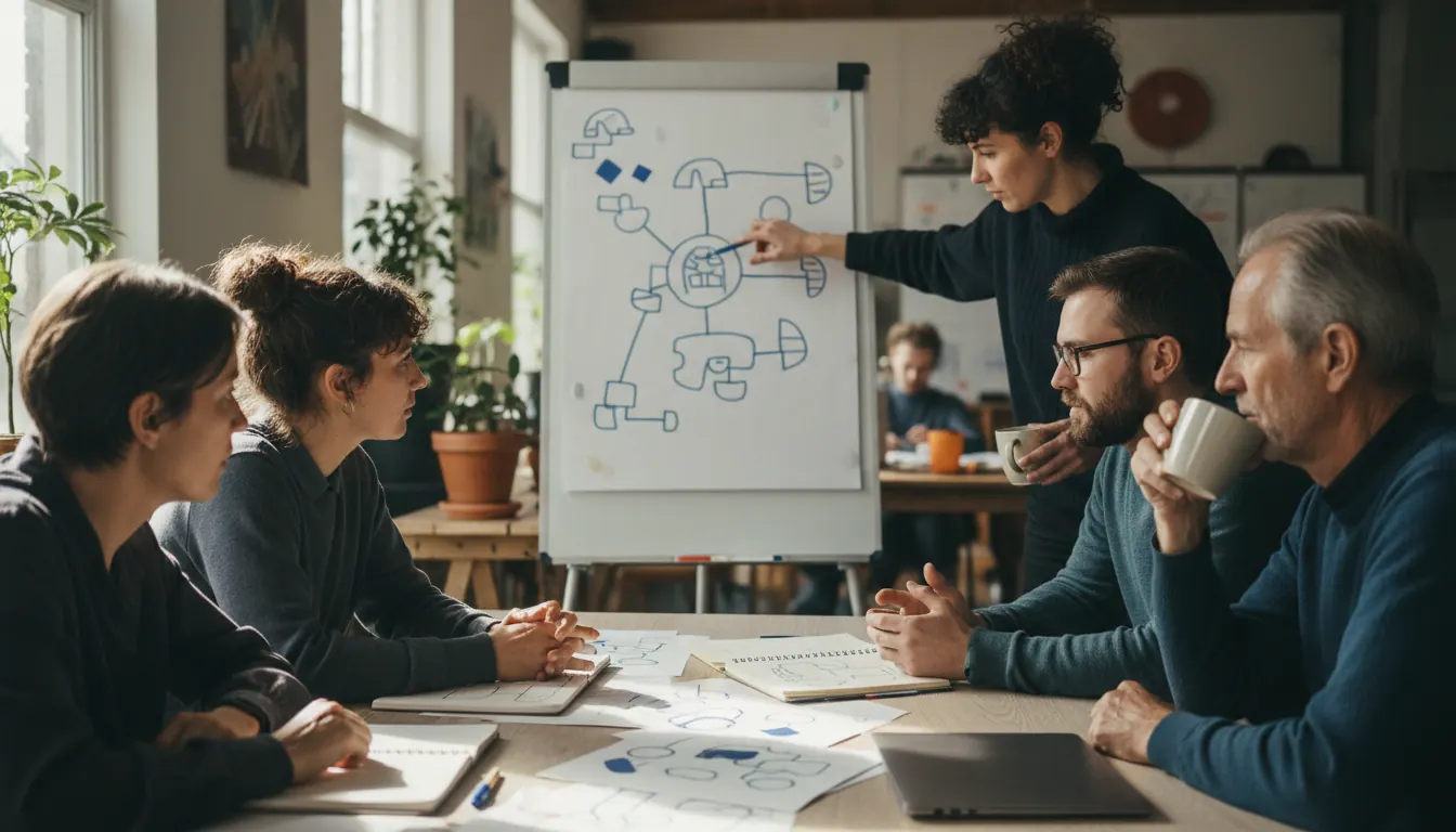 Modern grassroots organizers studying horizontal coordination methods