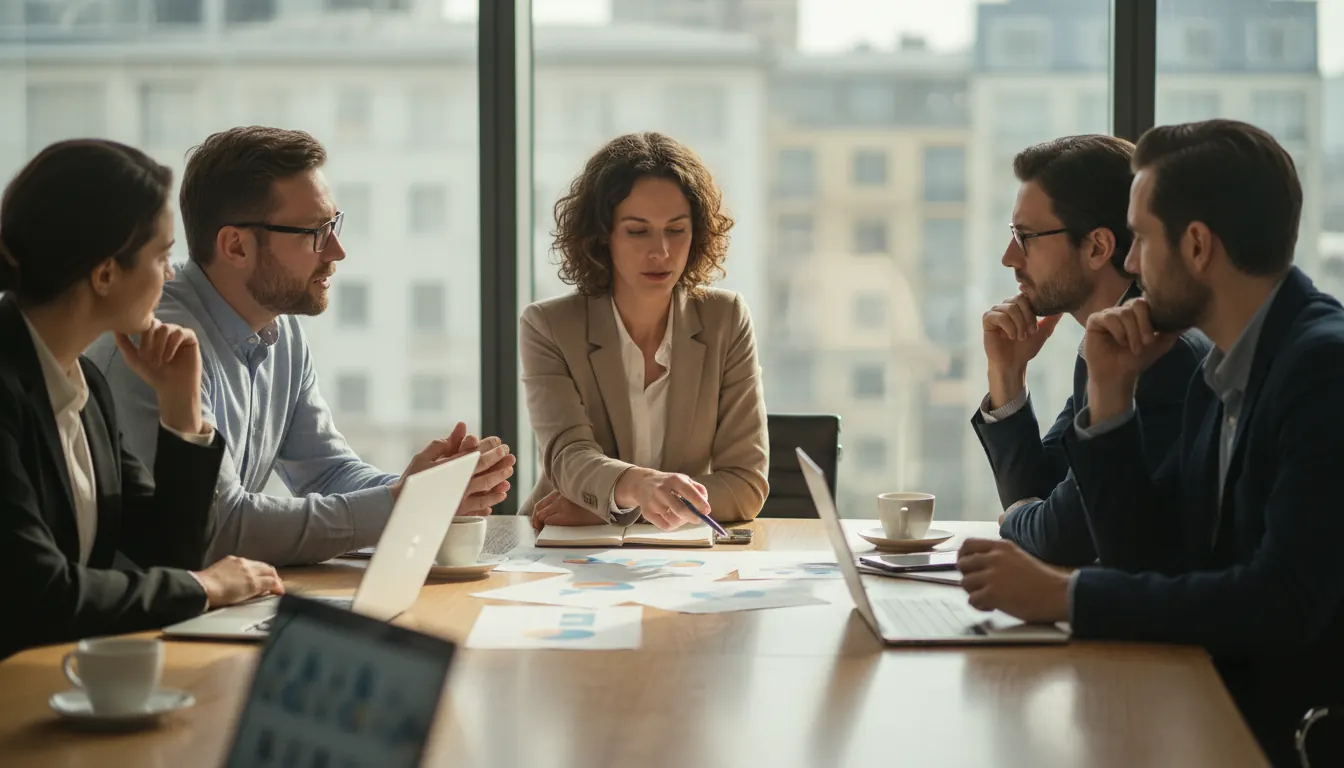 Small group of people gathered around a table engaged in strategic discussion and planning